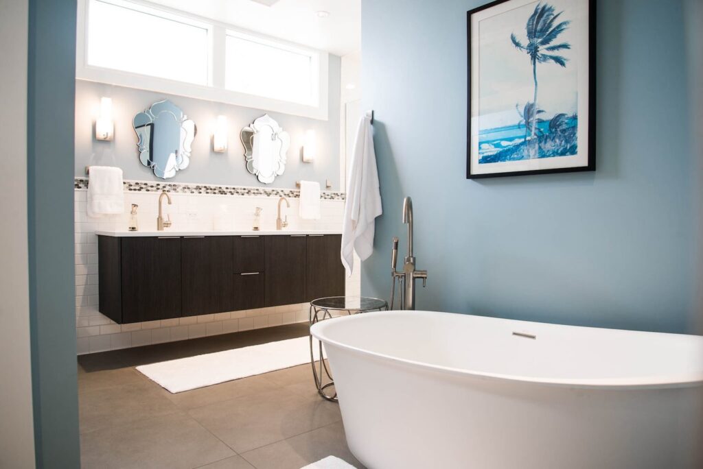 modern bathroom with a free-standing bathtub